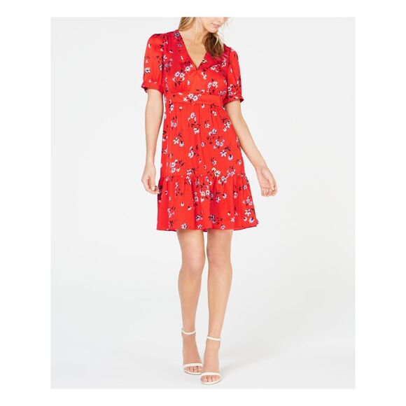 JILL STUART Womens Ruffled Puff Sleeve V Neck Mini Shift Dress - Picture 1 of 3